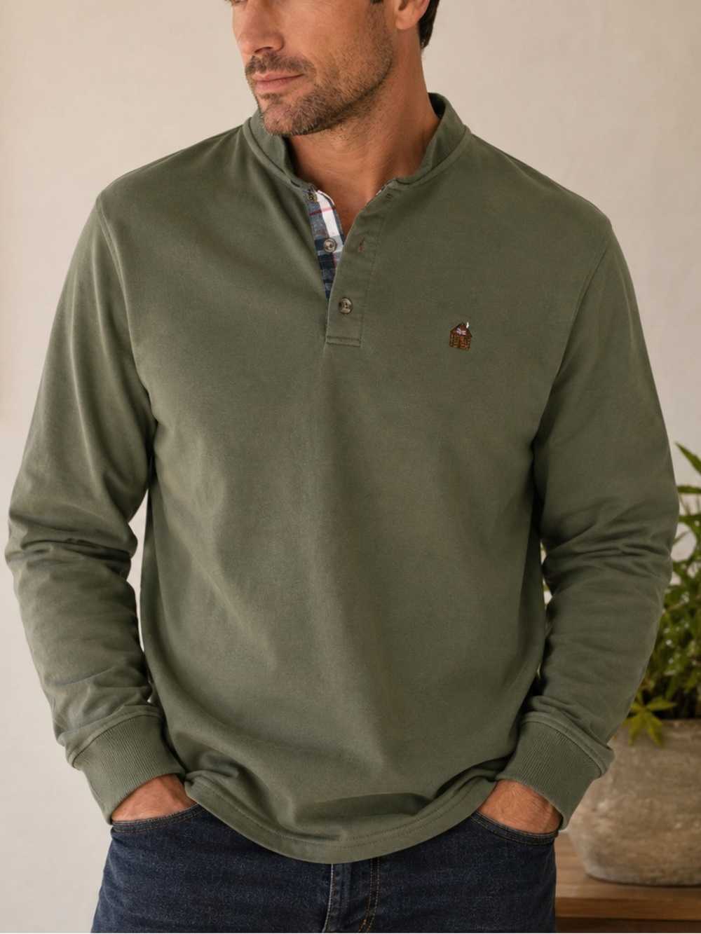 Kiel James Patrick Cozy Cabin Henleys Olive Green 100% Cotton Long Sleeve Henley